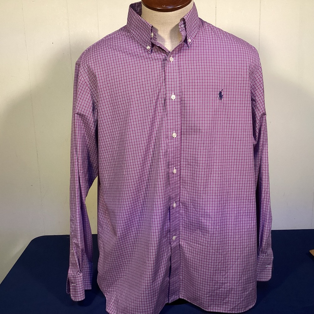 Men’s Ralph Lauren cotton purple checked button down shirt sz 17 1/2